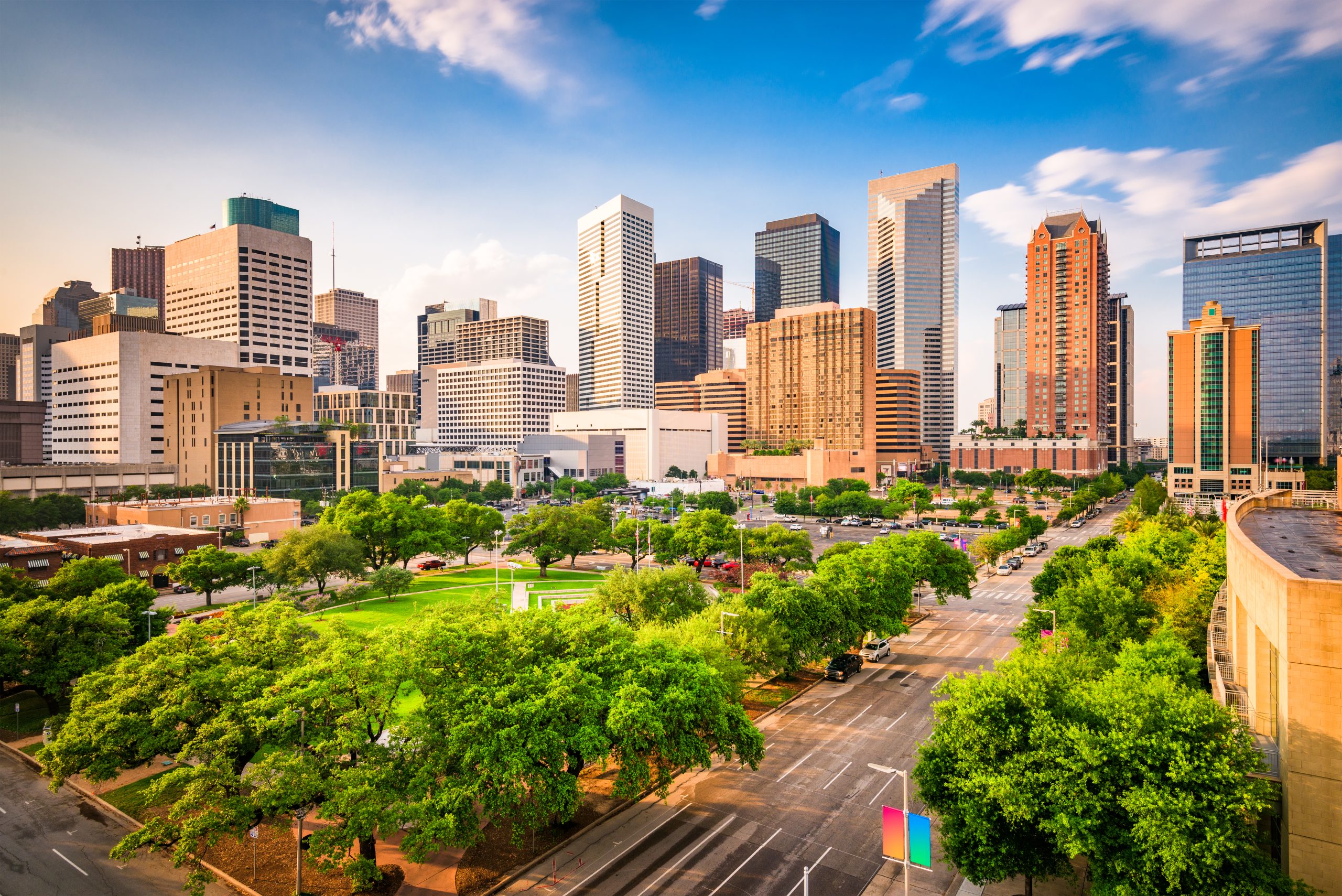 Houston Texas skyline on a sunny day. One of the most interesting facts about Texas is that Houston is one of the most diverse cities in the USA