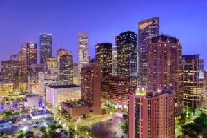 view of the houston skyline at night, the perfect time for seeking out romantic things to do in houston and houston date ideas