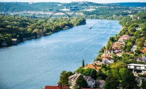 view of lake austin from above, one of the best lakes in austin texas