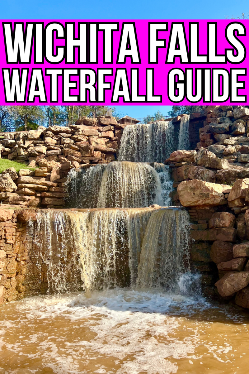 photo of wichita falls waterfall as seen standing in front of it, white texas on a pink background reads "wichita falls waterfall guide"